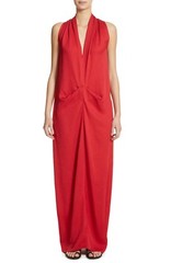 ZERO + Maria Cornejo Red Grecian Gathered V-Neck Plunge Draped Maxi Dress 0 = XS