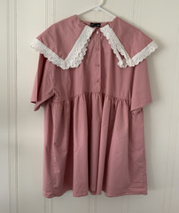 Sister Jane Mini Dress Pink Solid Cotton Eyelet Lace Collar Short Sleeve M