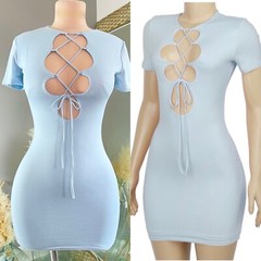 New Sexy Bodycon double layered cocktail club lace up stretchy Mini dress Blue S