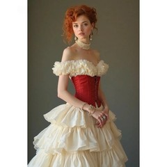 Vintage Victorian Wedding Dresses Ruffles Off Shoulder Tiered Beige And Red Gown