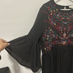 Umgee Boho Mini Dress Women 1XL Black Floral Embroidered Bell Sleeve Festival