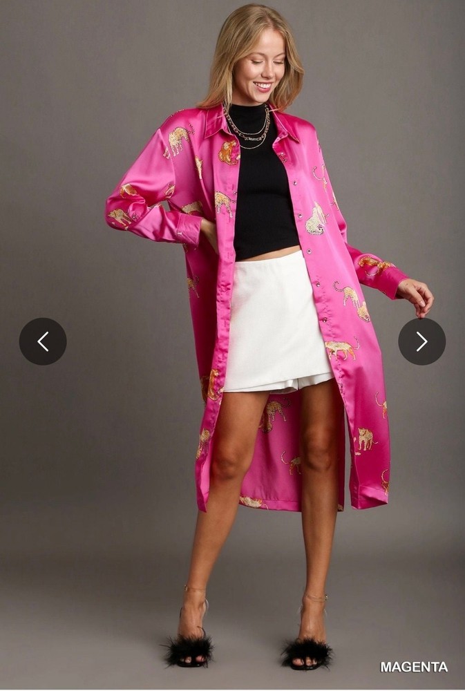 Umgee Satin Cheetah Print Button-Down Midi Shirt Dress in Magenta Pink