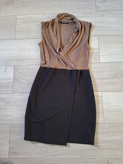 Select Copper & Black Stretch Mock Wrap Shift Dress Party Evening Retro UK14
