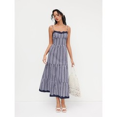 Cider Gingham Lace Trim Tiered Midi Cami Dress L Blue Cottage Peasant Prairie