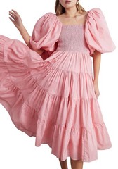 Aje Cherished Dress Size 8-10 AU Pink Midi Puff Sleeve Shirred Tiered