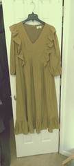 Women Annie Wear Ruffle Maxi Mustard Dress Sz XLg Elastic LSlv Pkts Zip Lined
