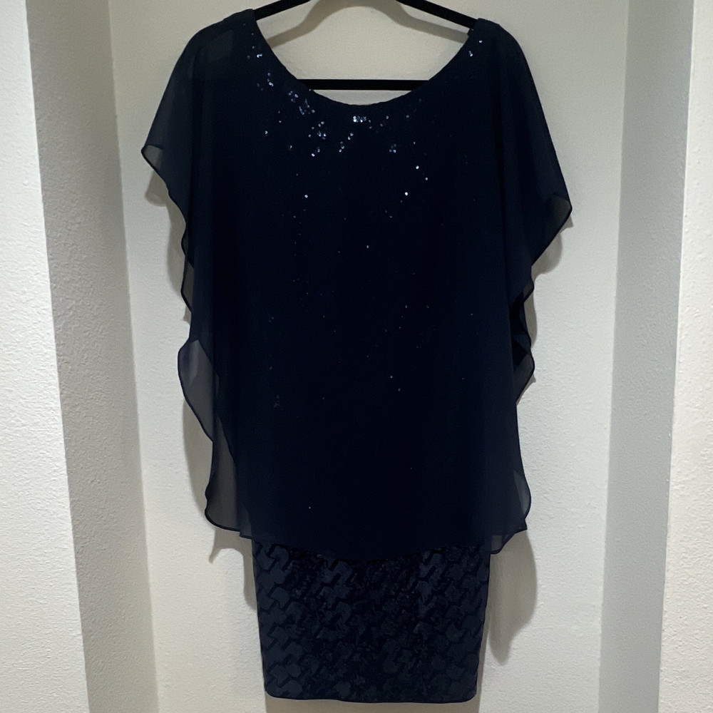 Laundry By Shelli Segal Navy Sequin Chiffon Overlay Sheath Scoop Knee 6
