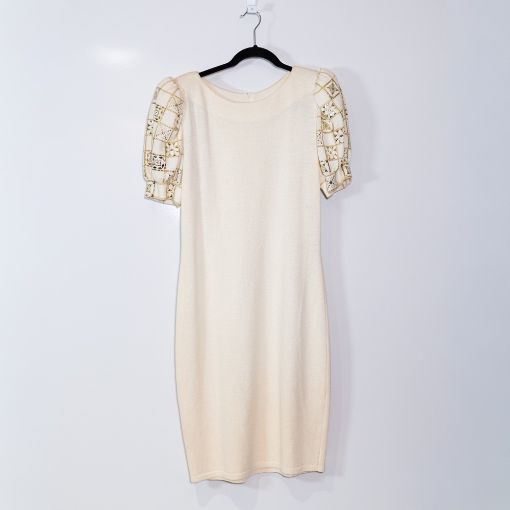 St. John Evening Vintage Sweater Knit Stretch Studded Embellished Sleeve Dress