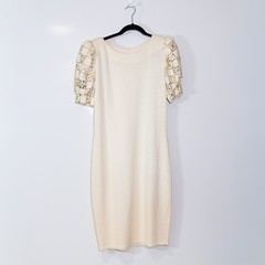 St. John Evening Vintage Sweater Knit Stretch Studded Embellished Sleeve Dress