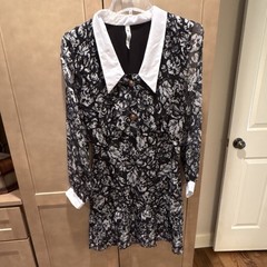 Black White Floral Collared Mini Dress Button Ruffle Long Sleeve Sz S 70’F/21C