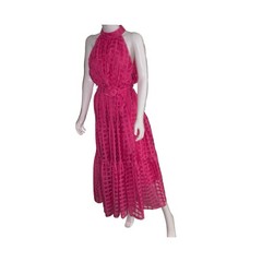 Chicwish Womens Hot Pink Grid Burnout Halter Tiered Maxi Dress Sash Tie Pink 2XL
