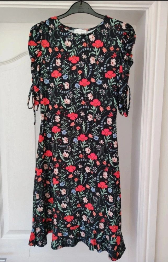 Warehouse Black Multi Coloured Mix Floral Flippy Dress Short Sleeves Size 10