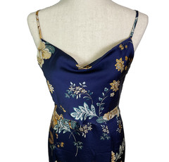 NWT Blue Floral Satin Cocktail Dress SZ Medium Evening Midi Dress W/ Side Slit