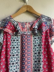 Parker Ruffle Sleeveless Mixed Print Red Blue Dress Hi Lo V-Neck Size Small Red