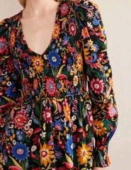 Boden black floral dress v-neck 4 R smocked waist bodice long sleeve D0475 NWT