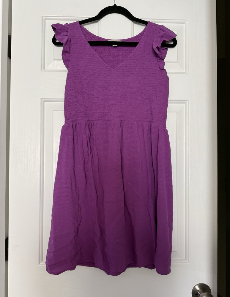 LOFT Outlet Purple Smocked V-Neck Ruffle Sleeve Fit & Flare Dress L