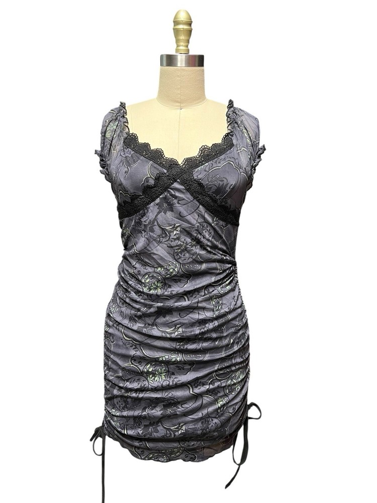 Vintage Y2K Stretch Mesh Floral Tattoo Dress Side Ruched Bodycon Lace Trim SZ S