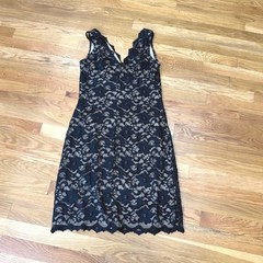 Ronni Nicole by Ouida Black Floral Lace Sheath Dress V-Neck Nude Lining