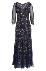 NWT $268 Pisarro Nights Sequin Beaded Illusion Mesh 3/4 Sleeve Gown Navy 2