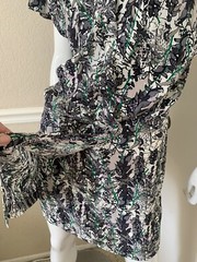TRACY REESE NEW! 100% Silk Gray/Green Leaf Drawstring Hook Front Mini Dress Sz S