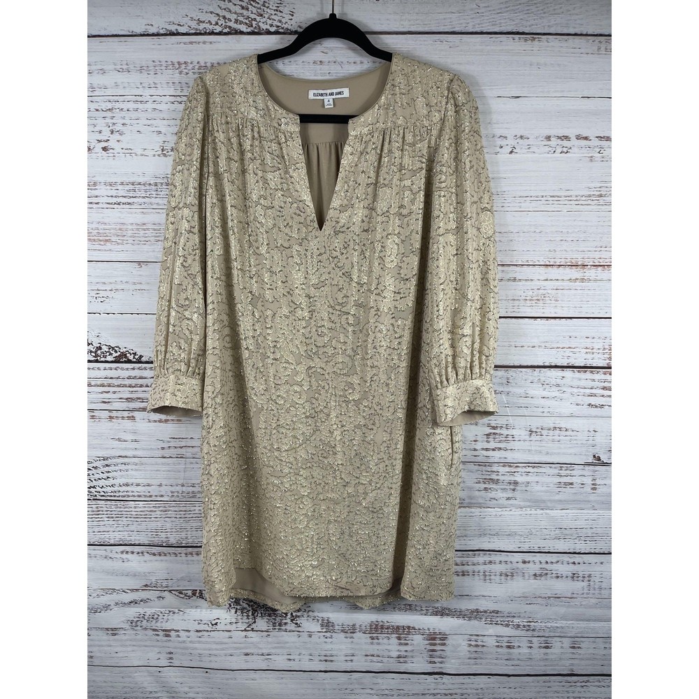 Elizabeth And James Dress 4 Size Small Jacquard V Neck Shift 3/4 Sleeve Short