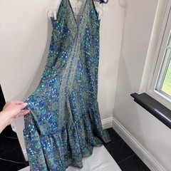 Sara Vintage Art of India Boho Halter Maxi Dress Open Back Tassel Tie