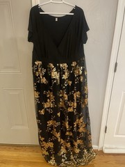 Black Gold Floral Embroidered Mesh Maxi Dress 3XL Plus Short Sleeve V-Neck