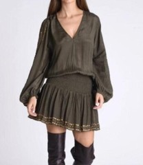 Muche Et Muchette Womens Mini Dress Olive Green Studded Balloon V-Neck Size OS