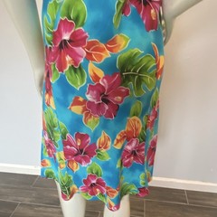 Two Palms Blue Hibiscus Floral V-Neck Halter Sundress Knee Rayon L