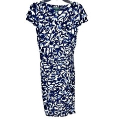 Lauren Ralph Lauren Slinky Stretch Dress 4 Small Navy Blue Black Print Faux Wrap