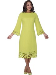 Women Lime Green Sheath Midi Dress Laser Cut Trim 3/4 Sleeve Formal Party