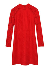 Women Long Sleeve A-line Qipao Lace Mini Dress Floral Embroidery Cheongsam
