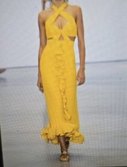 Giambattista Valli Yellow Satin Sheath Dress Sz 42 Halter Cut-Out Ruffle Zip