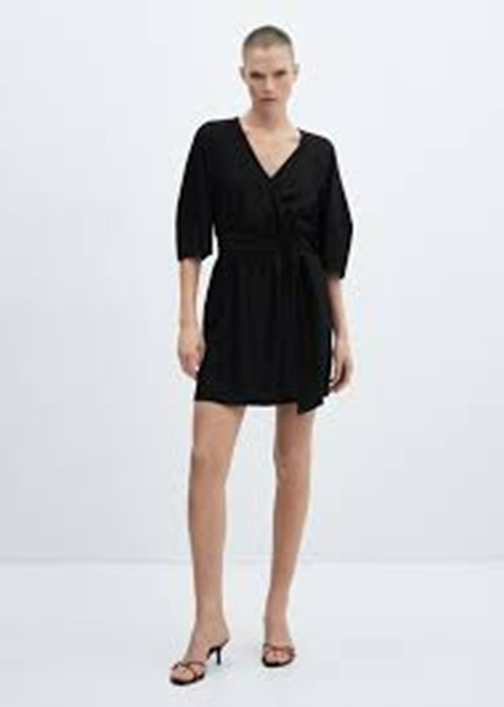Black bow wrap belted half-sleeve short viscose dress Mango 10 BNWT £35.99
