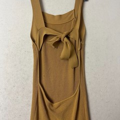 Ribbed Knit Open Back Tie Midi Dress Mustard Yellow Sleeveless Bodycon