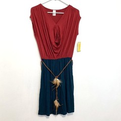 NEW NWT GILLI MODCLOTH Red Teal Blue Feather Belted Mini Dress NO SIZE — S M ??