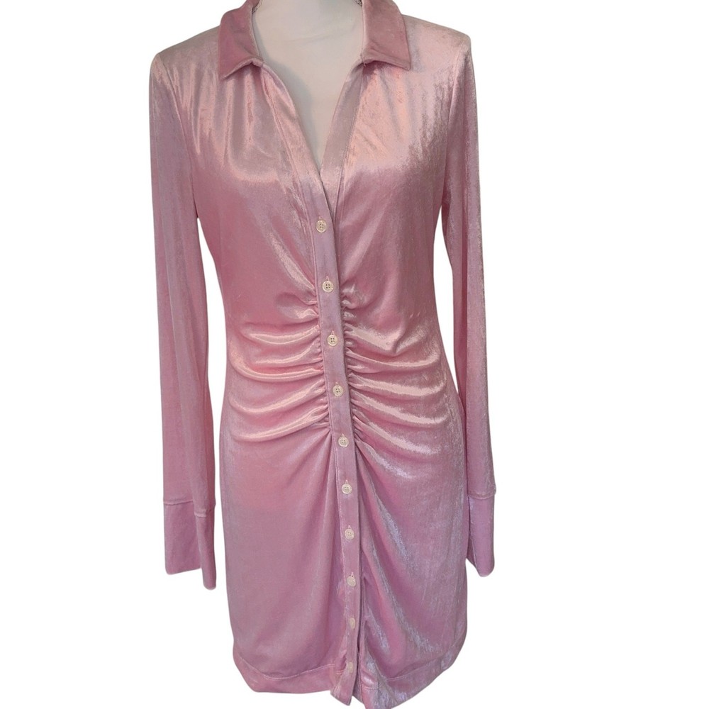 Free People NWT Pink Velvet Ruched Shirt Dress Women&rsquo;s Medium Button Front Dress