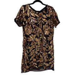 Maeve Anthropologie Gold Sequin Floral Sheer Mini Dress Black 4130370060209