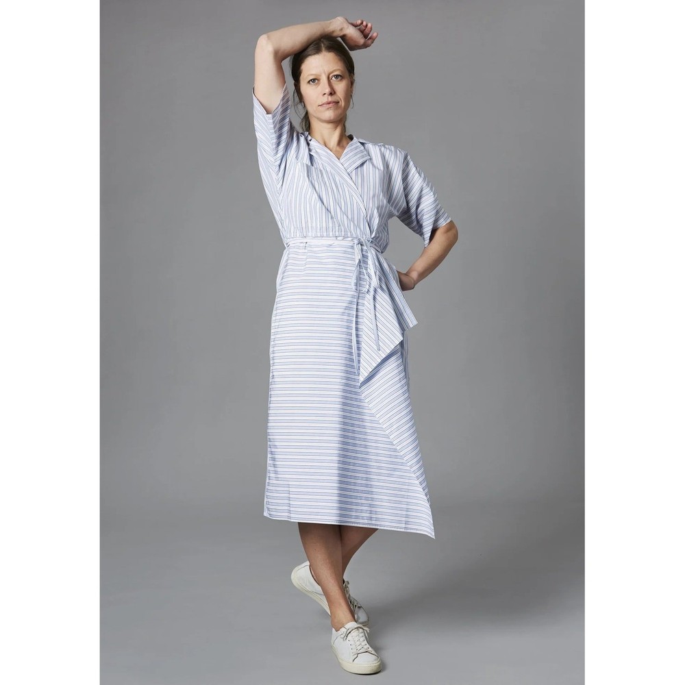 Sofie D&rsquo;Hoore Dina Striped Cotton Wrap Midi Dress Sky Blue White Size 36