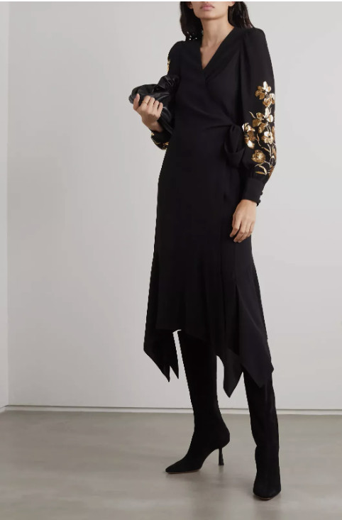 Defect Tory Burch EMBROIDERED WRAP Midi DRESS Sz 2 Golden Sequins Black #2A458