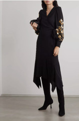 Defect Tory Burch EMBROIDERED WRAP Midi DRESS Sz 2 Golden Sequins Black #2A458
