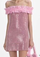 self portrait Pink Lace Ruffle Chainmail Crystal Rhinestone Sparkle Dress Barbie
