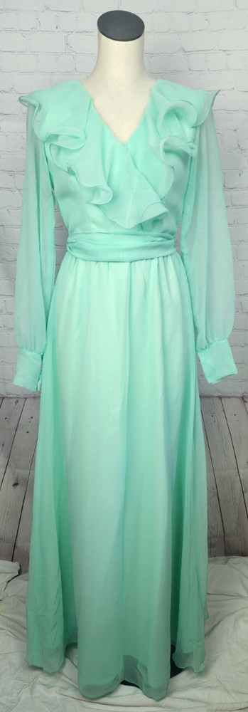 Vintage 60&rsquo;s 70&rsquo;s Maxi Dress Ruffle Waist Tie Prom Wedding Guest Formal MOD S