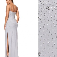Xscape Silver Beaded Spaghetti Strap Maxi Gown Size 14 $299