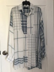 Tunic Mini Dress Ecru Blue Balloon Puff Sleeves Linen M