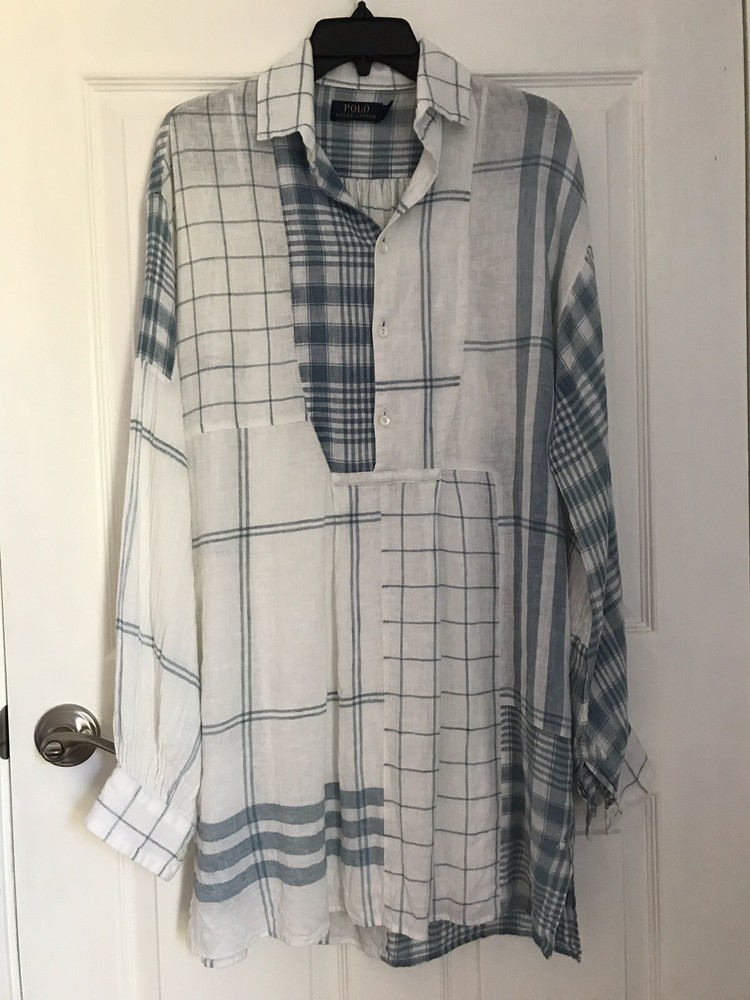 Tunic Mini Dress Ecru Blue Balloon Puff Sleeves Linen M