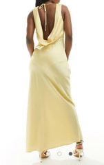 Abercrombie & Fitch Satin Plunge Cowl Back Maxi Dress Yellow Petite Large NEW