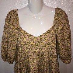 Things Between Womens Small Cottagecore Yellow Green Floral Printed Cotton Dress
