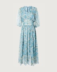 V Neck Floral Silk Button Front Midi Dress