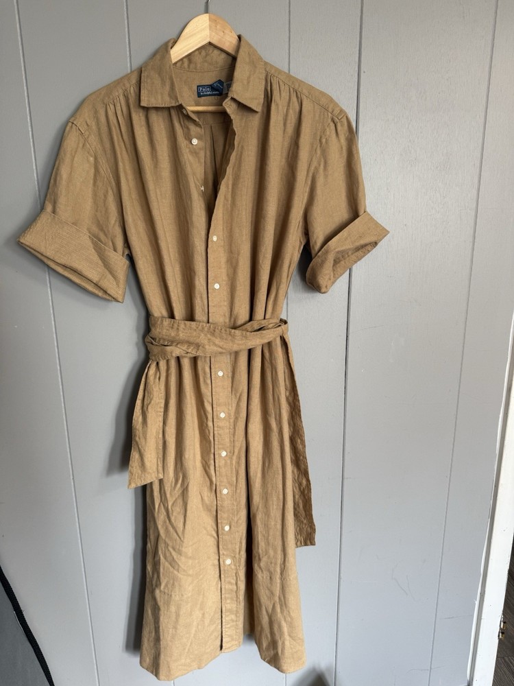 Polo Ralph Lauren Beige Solid Collared Short Sleeve Linen Shirt Dress Belt (8)